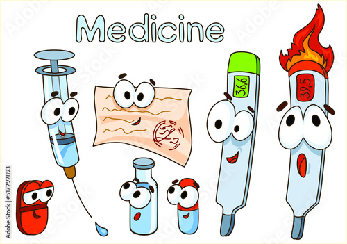 Cartoon pills, drugs and medicine characters. Vector medicine mascots, cute happy pills, syringe and thermometer. Capsule, ampoule, doctor's prescription. Thermometer with normal and high temperature.
