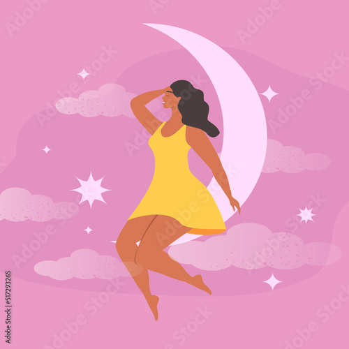 vector illustration on the theme of dreams, fantasies, good sleep. a young woman sits on a crescent surrounded by stars and clouds