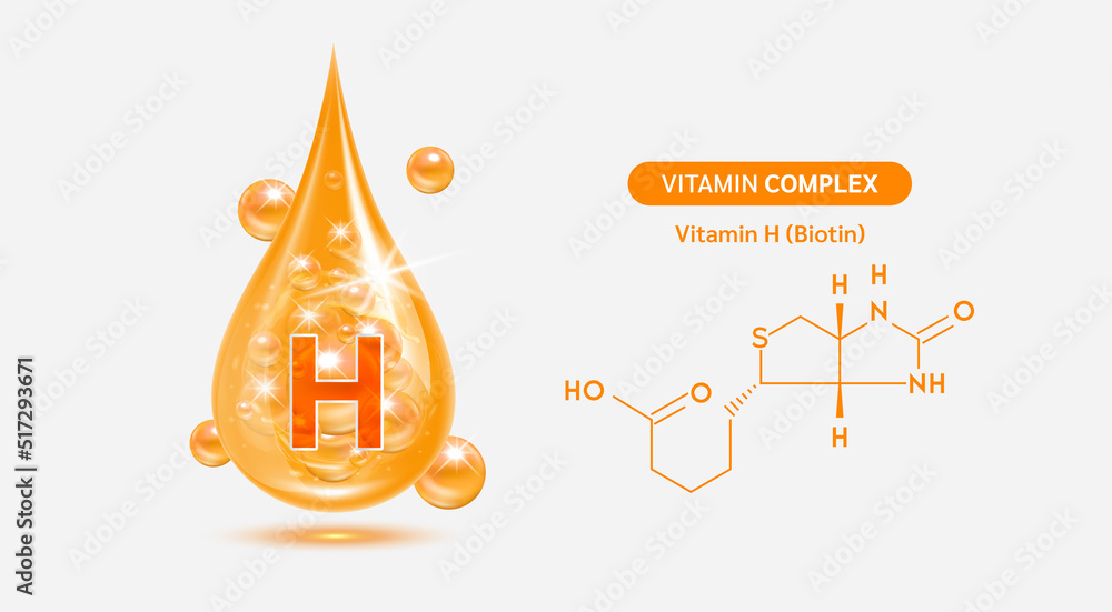 Vitamin H drop and structure isolated on white background. Vitamin solution complex orange balls with bubbles. Beauty treatment nutrition skin care design. Medical scientific concepts. 3D vector. Vitamin H drop and structure isolated on white background. Vitamin solution complex orange balls with bubbles. Beauty treatment nutrition skin care design. Medical scientific concepts. 3D vector.