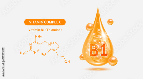 Vitamin B1 drop and structure isolated on white background. Vitamin solution complex orange balls with bubbles. Beauty treatment nutrition skin care design. Medical scientific concepts. 3D vector.