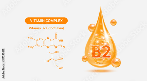 Vitamin B2 drop and structure isolated on white background. Vitamin solution complex orange balls with bubbles. Beauty treatment nutrition skin care design. Medical scientific concepts. 3D vector.