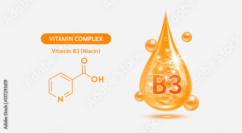 Vitamin B3 drop and structure isolated on white background. Vitamin solution complex orange balls with bubbles. Beauty treatment nutrition skin care design. Medical scientific concepts. 3D vector. photo