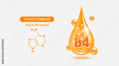 Vitamin B4 drop and structure isolated on white background. Vitamin solution complex orange balls with bubbles. Beauty treatment nutrition skin care design. Medical scientific concepts. 3D vector.