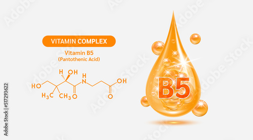 Vitamin B5 drop and structure isolated on white background. Vitamin solution complex orange balls with bubbles. Beauty treatment nutrition skin care design. Medical scientific concepts. 3D vector.