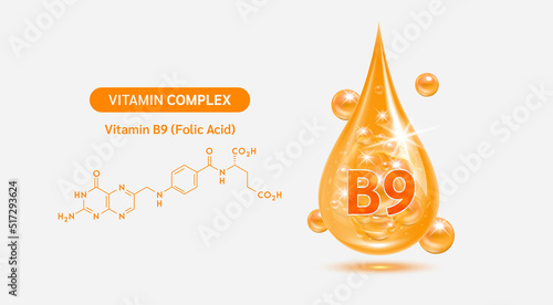 Vitamin B9 drop and structure isolated on white background. Vitamin solution complex orange balls with bubbles. Beauty treatment nutrition skin care design. Medical scientific concepts. 3D vector.