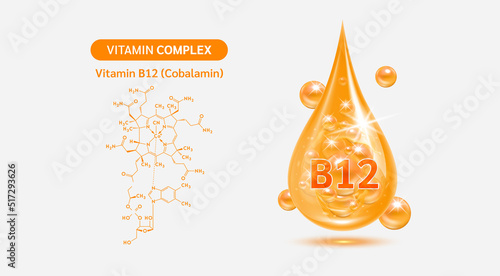 Vitamin B12 drop and structure isolated on white background. Vitamin solution complex orange balls with bubbles. Beauty treatment nutrition skin care design. Medical scientific concepts. 3D vector.