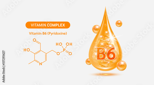 Vitamin B6 drop and structure isolated on white background. Vitamin solution complex orange balls with bubbles. Beauty treatment nutrition skin care design. Medical scientific concepts. 3D vector.