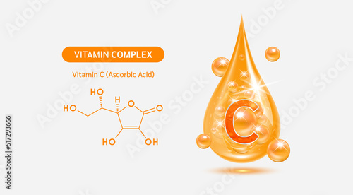 Vitamin C drop and structure isolated on white background. Vitamin solution complex orange balls with bubbles. Beauty treatment nutrition skin care design. Medical scientific concepts. 3D vector.