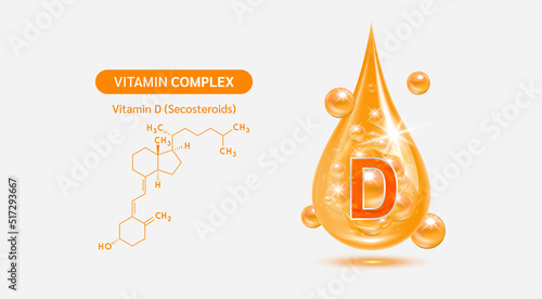 Vitamin D drop and structure isolated on white background. Vitamin solution complex orange balls with bubbles. Beauty treatment nutrition skin care design. Medical scientific concepts. 3D vector.