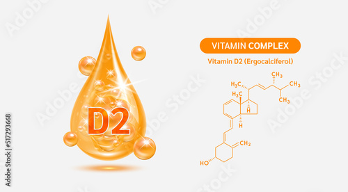 Vitamin D2 drop and structure isolated on white background. Vitamin solution complex orange balls with bubbles. Beauty treatment nutrition skin care design. Medical scientific concepts. 3D vector.