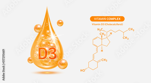Vitamin D3 drop and structure isolated on white background. Vitamin solution complex orange balls with bubbles. Beauty treatment nutrition skin care design. Medical scientific concepts. 3D vector.