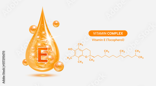 Vitamin E drop and structure isolated on white background. Vitamin solution complex orange balls with bubbles. Beauty treatment nutrition skin care design. Medical scientific concepts. 3D vector.