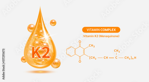 Vitamin K2 drop and structure isolated on white background. Vitamin solution complex orange balls with bubbles. Beauty treatment nutrition skin care design. Medical scientific concepts. 3D vector.