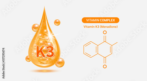 Vitamin K3 drop and structure isolated on white background. Vitamin solution complex orange balls with bubbles. Beauty treatment nutrition skin care design. Medical scientific concepts. 3D vector.