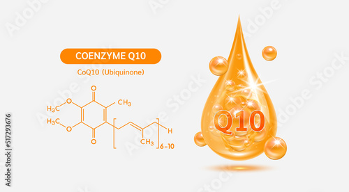 Vitamin Coenzyme Q10 drop and structure isolated on white background. Vitamin solution complex orange balls with bubbles. Beauty treatment nutrition skin care design. 3D vector.