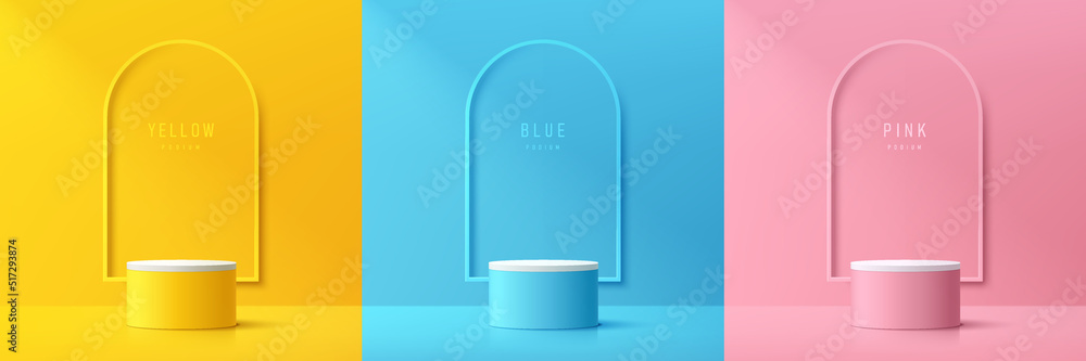 Set of abstract 3D room with yellow, blue, pink, white realistic cylinder podium. Line arch shape on the wall. Vector rendering geometric form. Mockup product display. Minimal scene. Stage showcase. - obrazy, fototapety, plakaty 