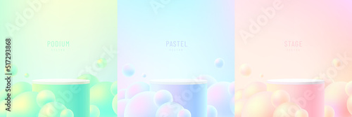 Set of abstract 3D room with realistic cylinder podium in green, yellow, pink, blue hologram color. Sphere balls or bubble flying. Minimal scene product display. Vector geometric forms. Stage showcase
