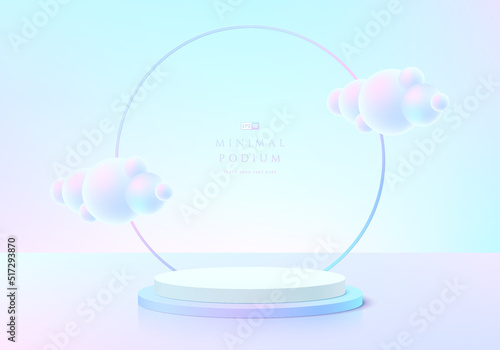 Abstract 3D room with realistic blue hologram color cylinder podium. Pastel cloud flying and ring background. Minimal scene for mockup product display. Vector geometric forms. Round stage showcase.