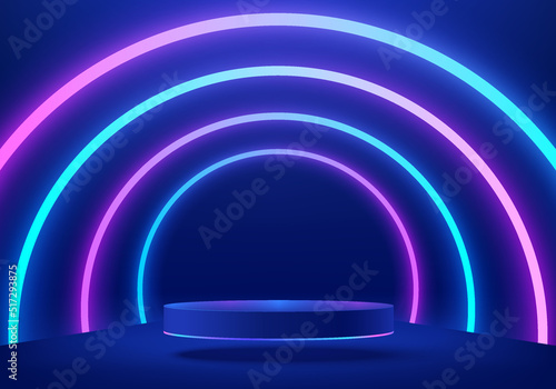 Abstract realistic blue 3d cylinder pedestal podium. Sci-fi dark abstract room with tunnel glowing neon lighting lines. Vector rendering mockup product display. Futuristic scene, Stage for showcase.