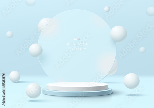 Abstract 3D room with realistic blue and white cylinder pedestal podium and white bouncing balls background. Minimal scene for mockup product display. Vector geometric forms. Round stage showcase.
