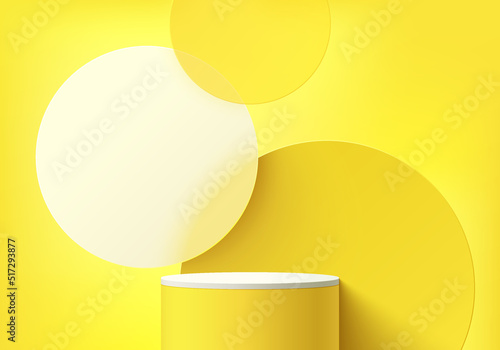 Abstract 3D room, Realistic yellow, white cylinder stand podium with overlap circles shape background. Pastel minimal scene for mockup product display. Vector geometric forms. Round stage showcase.