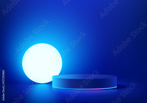 Fototapeta Naklejka Na Ścianę i Meble -  Abstract shiny blue cylinder pedestal podium. Sci-fi blue abstract room concept with glowing ball neon lamp lighting. Vector rendering 3d shape, Product display presentation. Futuristic wall scene.