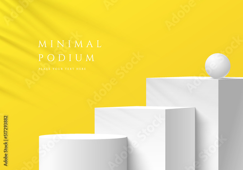 Abstract 3D yellow room, Realistic steps white cube and cylinder stand podium with palm leaf shadow overlay. Minimal scene for mockup product display. Vector geometric forms. Round stage showcase.