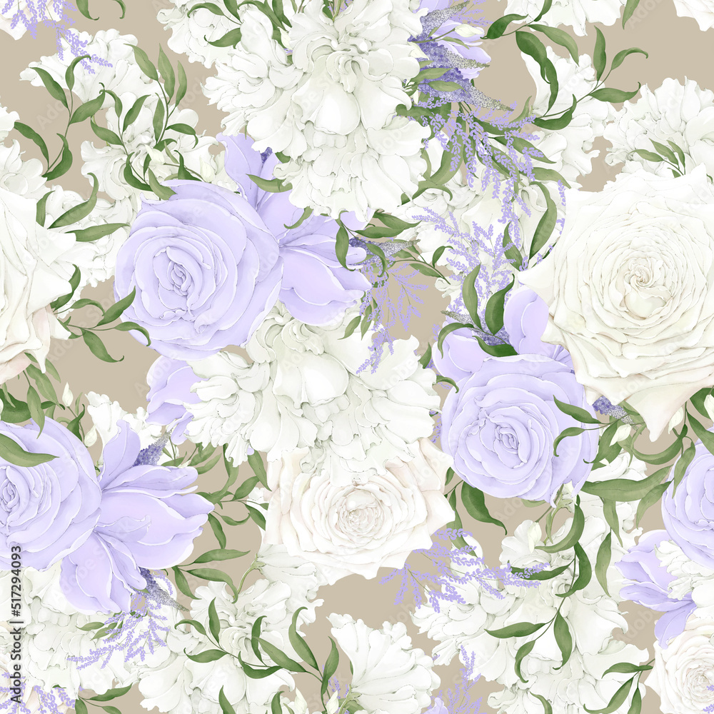 Seamless pattern of white and purple florals