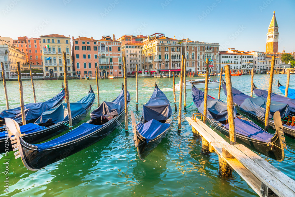 Grand canal with gondolas at peaceful sunny day, Venice Lagoon, Italy