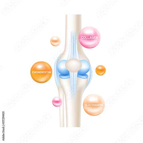 Chondroitin glucosamine and collagen therapy help heal arthritis knee joint, pain in leg. Healthy bone skeleton x ray scan. Used for nutrition products food template design. Isolated 3D Vector EPS10. photo