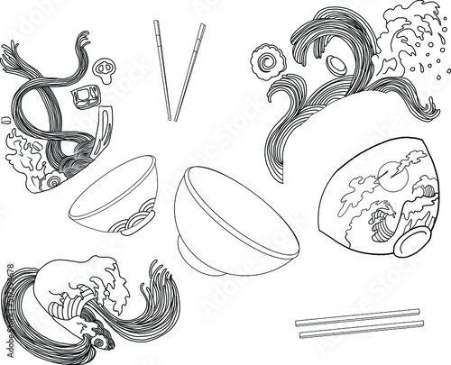 Traditional Japanese ramen and wave for restaurant printing on wallpaper.Ramen vector illustration for doodle art.Asian food.Ramen set vector.