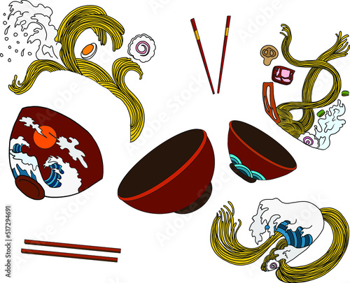 Traditional Japanese ramen and wave for restaurant printing on wallpaper.Ramen vector illustration for doodle art.Asian food.Ramen set vector.