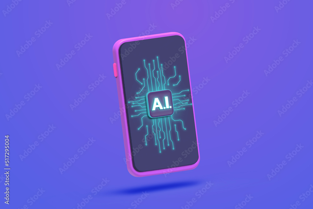 Artificial Intelligence powered Mobile phone screen depicting power of tech used in today's age in mobile apps,  smart marketing platforms, customer segmentation and running campaigns and advertising