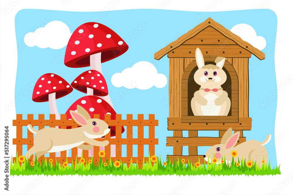 Obraz premium Cute little bunny. Easter Bunny. Illustration of a little bunny with a wooden house. Small wooden house
