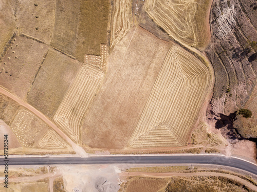 Aerial view of highway in Peruvian Andes. Rural scene during dry season in Cusco Peru.