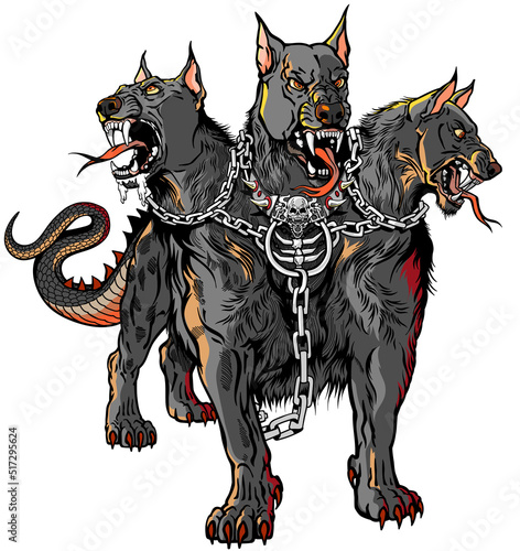 Cerberus hellhound Mythological three-headed dog the guard of the entrance to hell. Hound of Hades with chain on his neck. Standing pose, front view. Isolated vector illustration