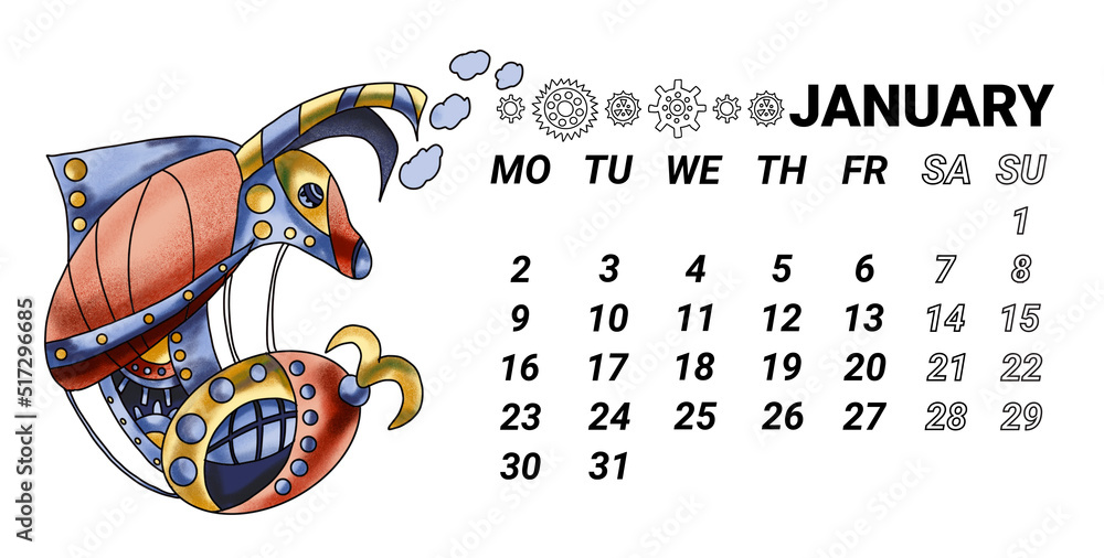 The page of the horizontal calendar for the year 2023 month of January Zodiac sign Capricorn in steampunk style is hand-drawn in watercolor. calendar for 2023 with fantastic zodiac signs