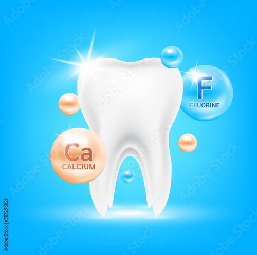 Teeth healthy sparkling with minerals calcium and fluorine. Therapy helps maintain tooth, strong bone. Medical check up health and dentistry concept. 3D Vector EPS10 illustration.
