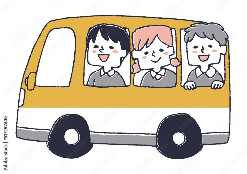 園バスで通園する複数の子供　幼稚園での生活を楽しむ子どもたち