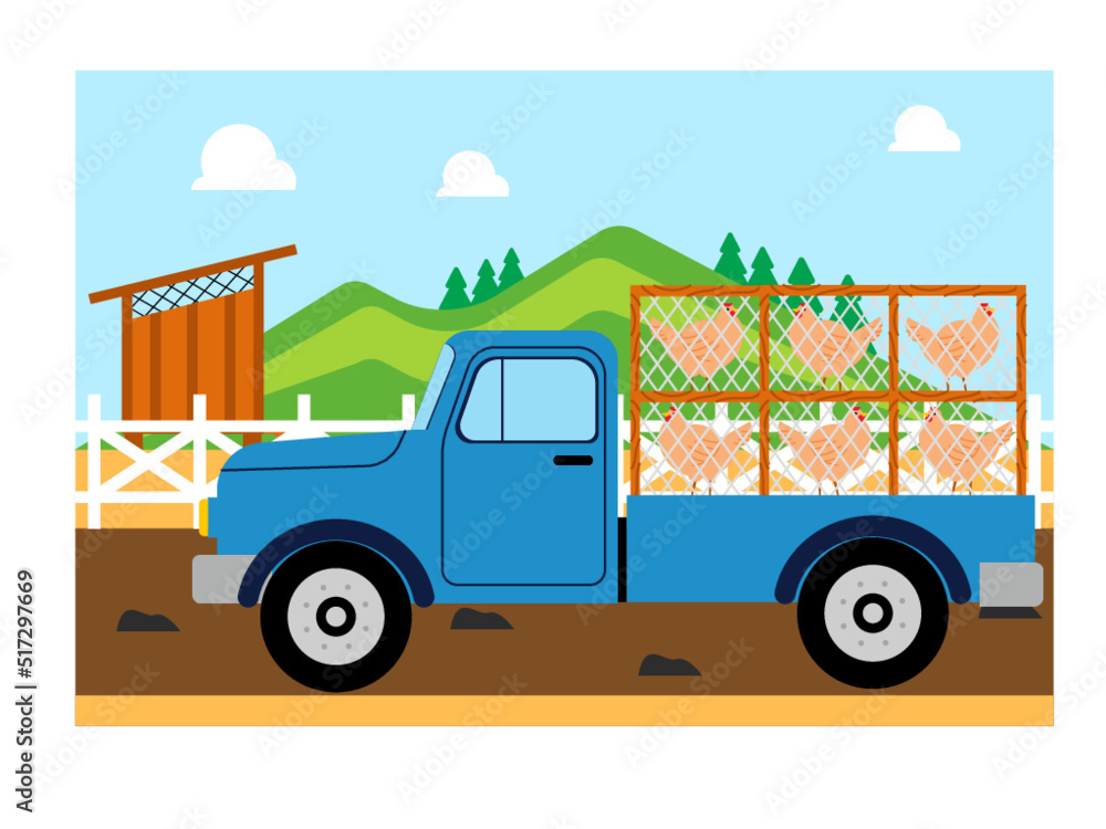 Delivery of chickens from the farm to the customer. Chicken farming as a business. Truck carrying chickens. Farm vector illustration.