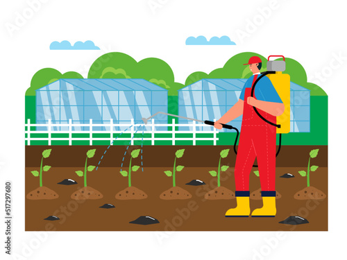 Farmers are spraying fertilizers and pesticides in the garden. Plant maintenance so that it is not attacked by pests. Farm vector illustration.	