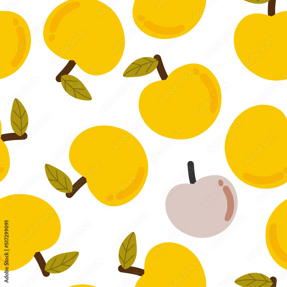 Seamless pattern with yellow apple on white background in cartoon style
