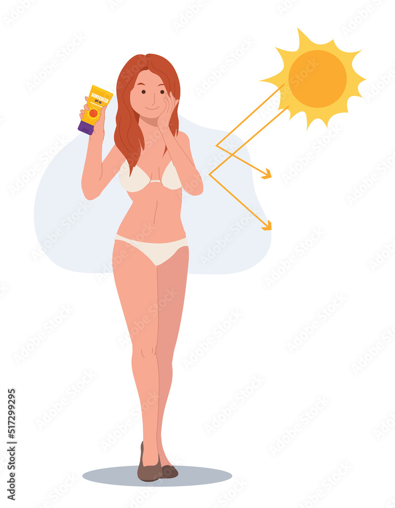 Skin care concept,sun protection.Happy woman in bikini using sunblock avoid from sunburn damage. Skin care concept,sun protection.Happy woman in bikini using sunblock avoid from sunburn damage.
