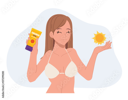 Woman in bikini showing sun protection product.sunblock,sunscreen.sunburn it's a little problem. skin care concept.