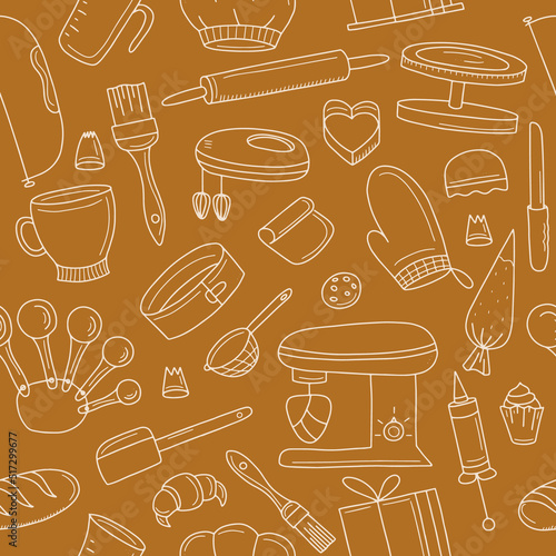 Seamless pattern with baking accessories. Vector illustration in doodle style on a brown background