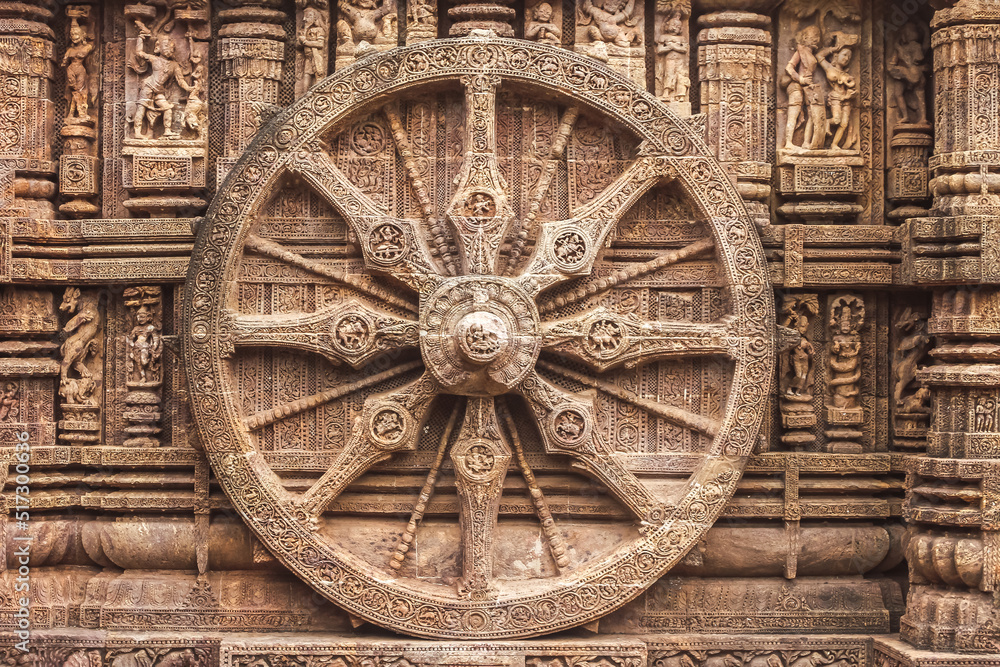 Chariot wheel from Konark Sun Temple, which is a 13th-century CE Sun temple at Konark about 35 kilometres northeast from Puri city on the coastline in Puri district, Odisha, India.