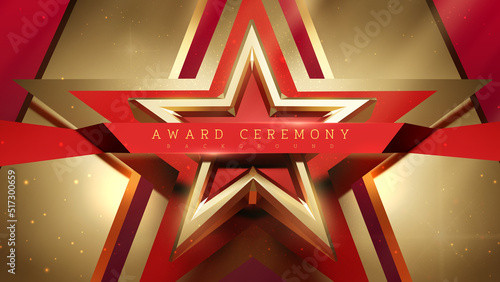 Award ceremony background with 3d gold star with red ribbon decoration with light effect elements.