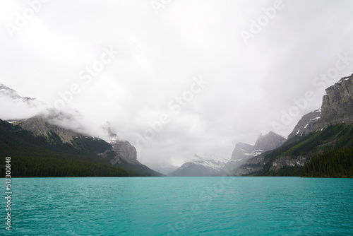 Shoreline of Maligne Lake, Jasper National Park, Alberta, Canada, on a rainy day