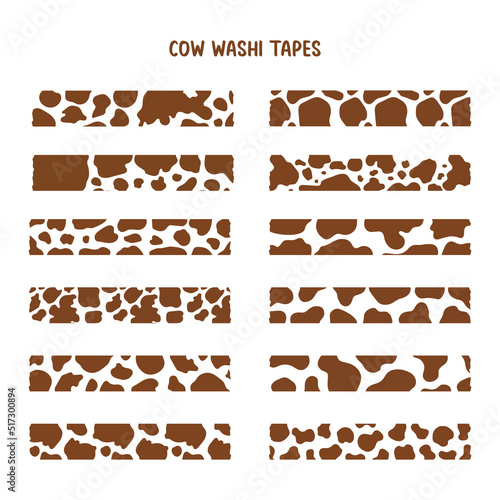 Set of vector brown cow print pattern animal seamless washi tapes. Cow skin abstract of bullet journal stickers, planner, scrapbook stickers design.