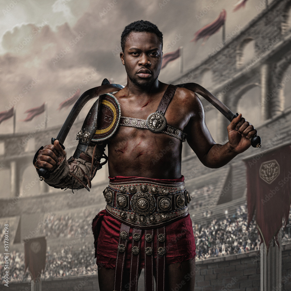 Shot of glorious arena fighter of african descent with naked torso holding two swords.